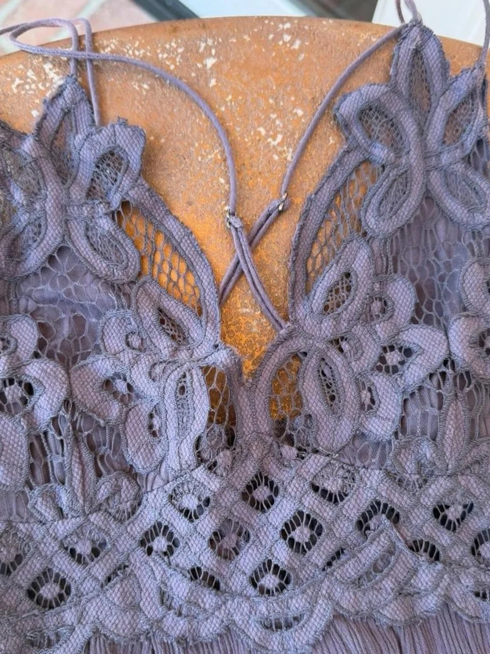 Free People Adella One Slip Dress in gray with lace detailing & ruffled hem sz s